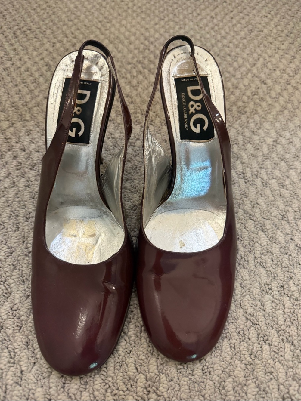 D&G Women's Burgundy Patent Leather Slingback Pumps, Size 38